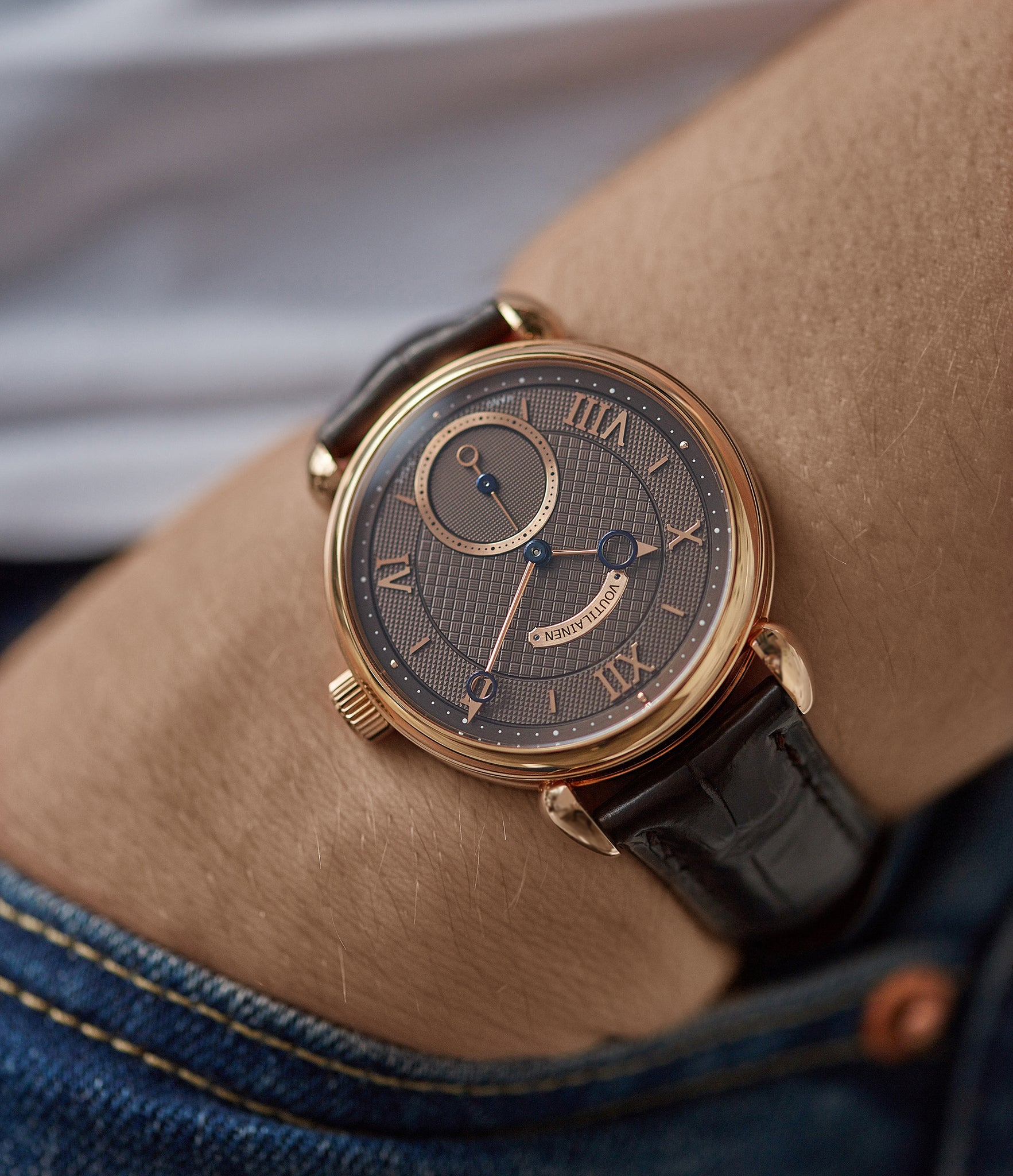 men's rare luxury dress watch Voutilainen Vingt-8 Cal. 28 rose gold dress watch with brown guilloche dial for sale at A Collected Man London approved re-seller of preowned Voutilainen watches