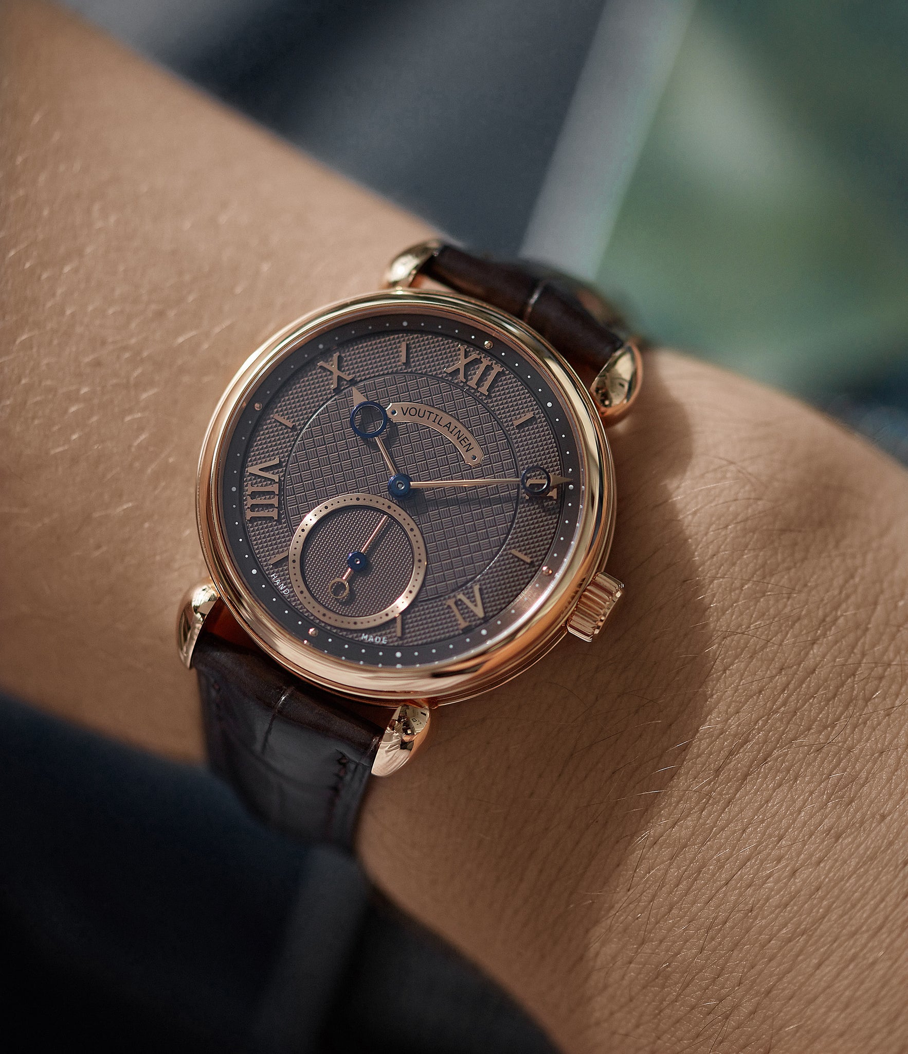 hands on with Voutilainen Vingt-8 Cal. 28 rose gold dress watch with brown guilloche dial for sale at A Collected Man London approved re-seller of preowned Voutilainen watches