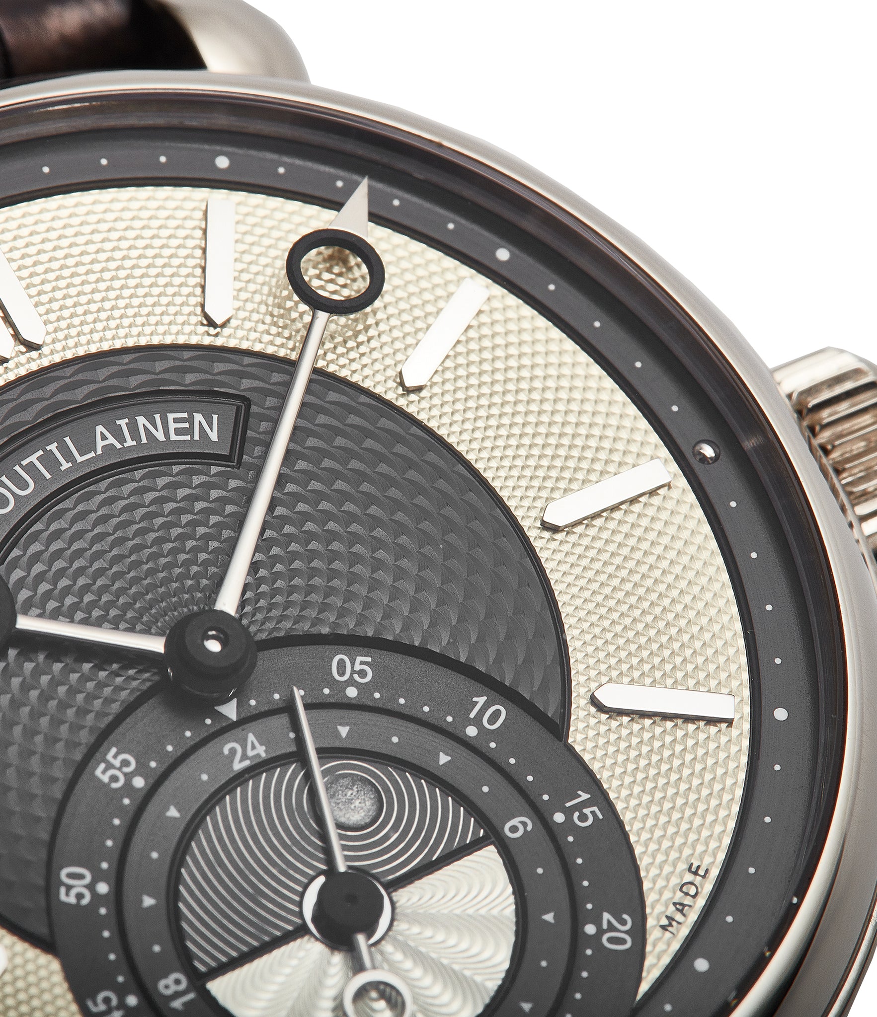 GMT-6 grey and champagne two-tone dial by Kari Voutilainentwo-tone dial white gold rare hand-made watch from independent watchmaker for sale online at A Collected Man London UK specialist of rare watches