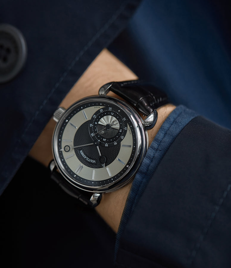 on the wrist Kari Voutilainen GMT-6 two-tone dial white gold rare hand-made watch from independent watchmaker for sale online at A Collected Man London UK specialist of rare watches