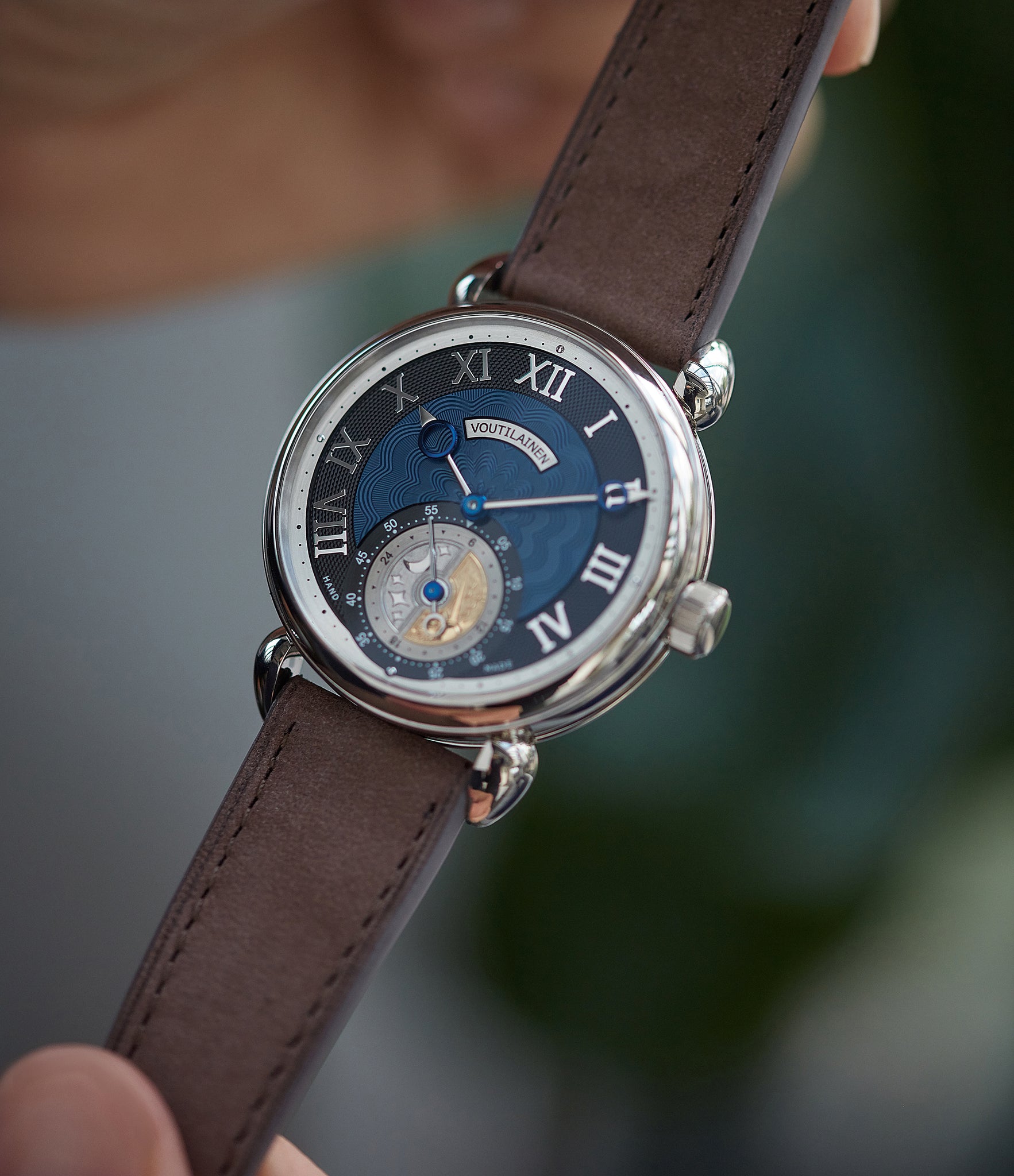 find Voutilainen GMT-6 white gold blue dial dress watch for sale online at A Collected Man London UK approved re-seller of independent watchmakers