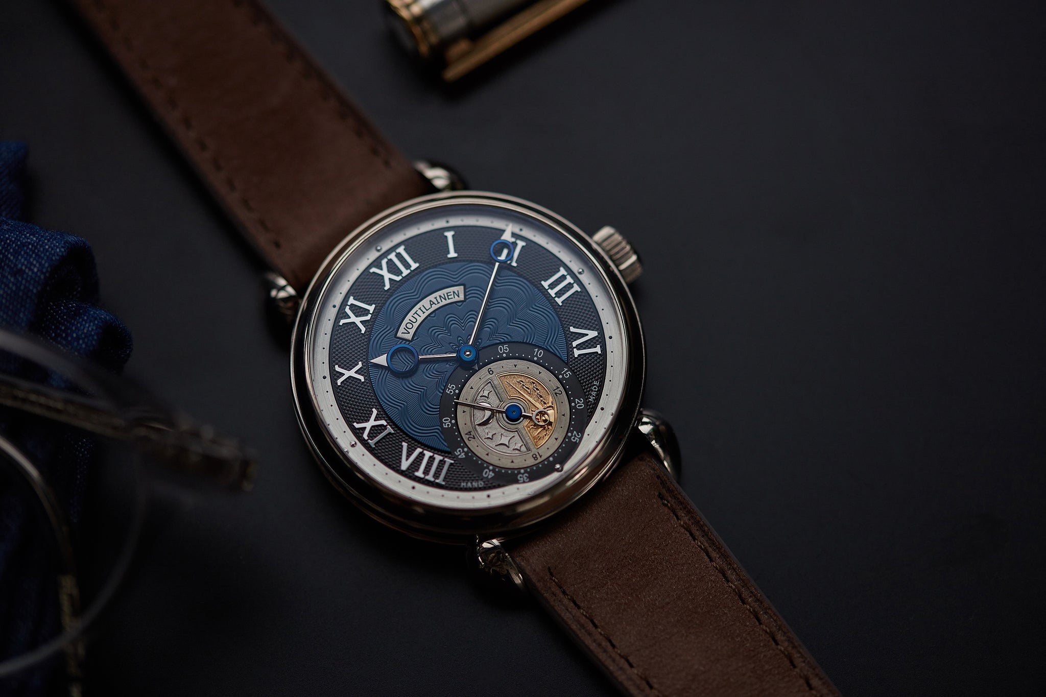 Voutilainen GMT-6 white gold blue dial dress watch for sale online at A Collected Man London UK approved re-seller of independent watchmakers