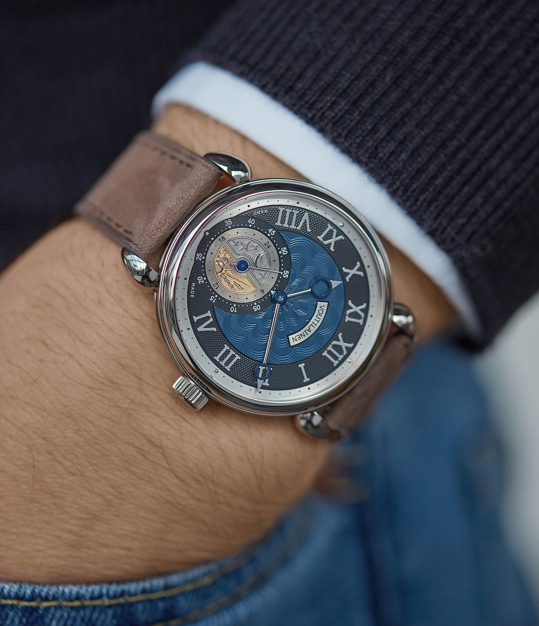 Voutilainen wristwatch GMT-6 blue dial dress watch for sale online at A Collected Man London UK approved re-seller of independent watchmakers