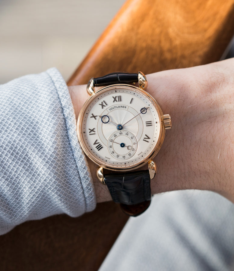 on the wrist Kari Voutilainen Observatoire Limited Edition rose gold rare dress watch for sale online at A Collected Man London endorsed seller of independent watchmaker