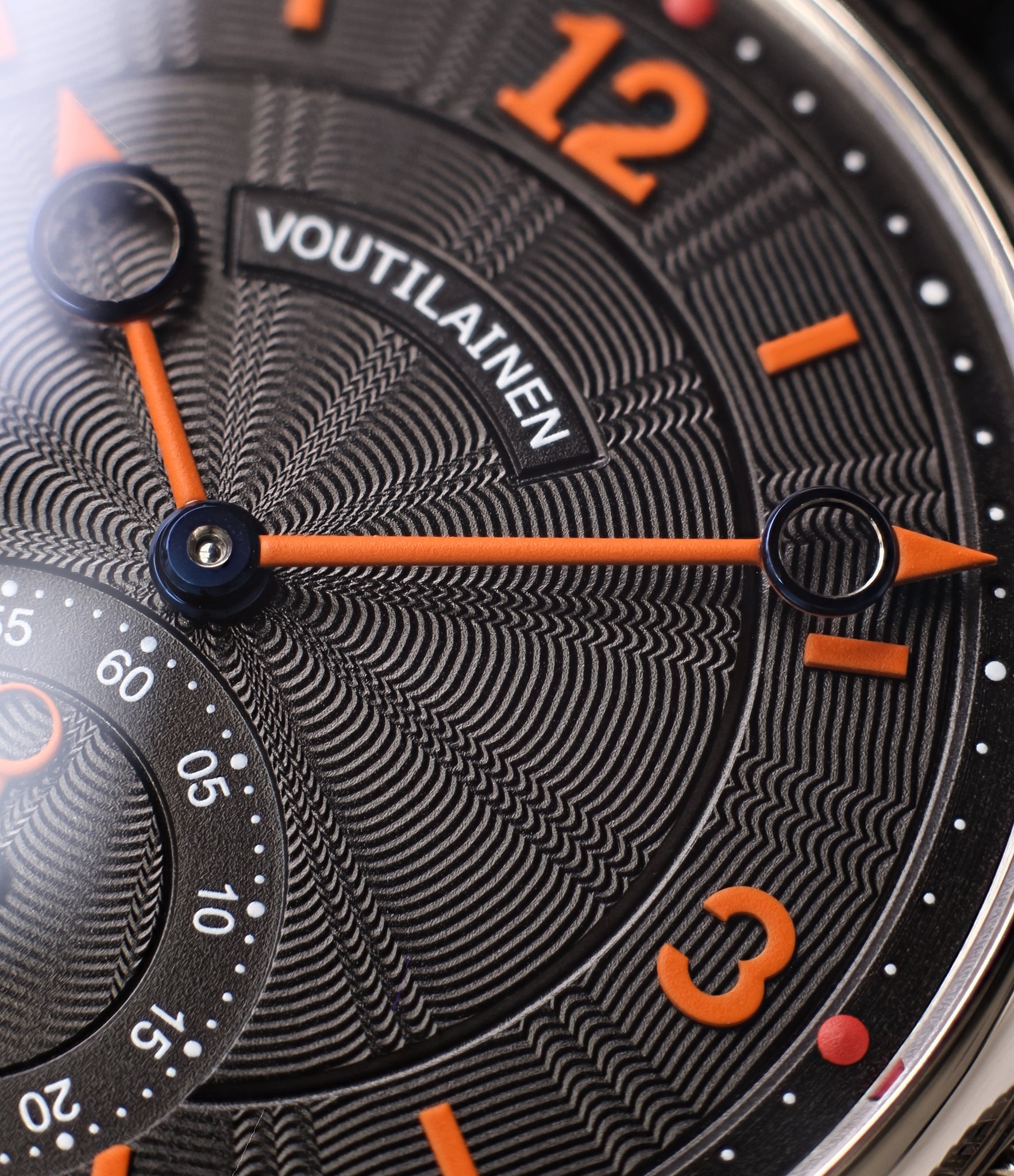 black dial orange numerals Kari Voutilainen Vingt-8 Cal. 28 two substitute dial white gold watch for sale online at a Collected Man online specialist platform for independent watchmakers 