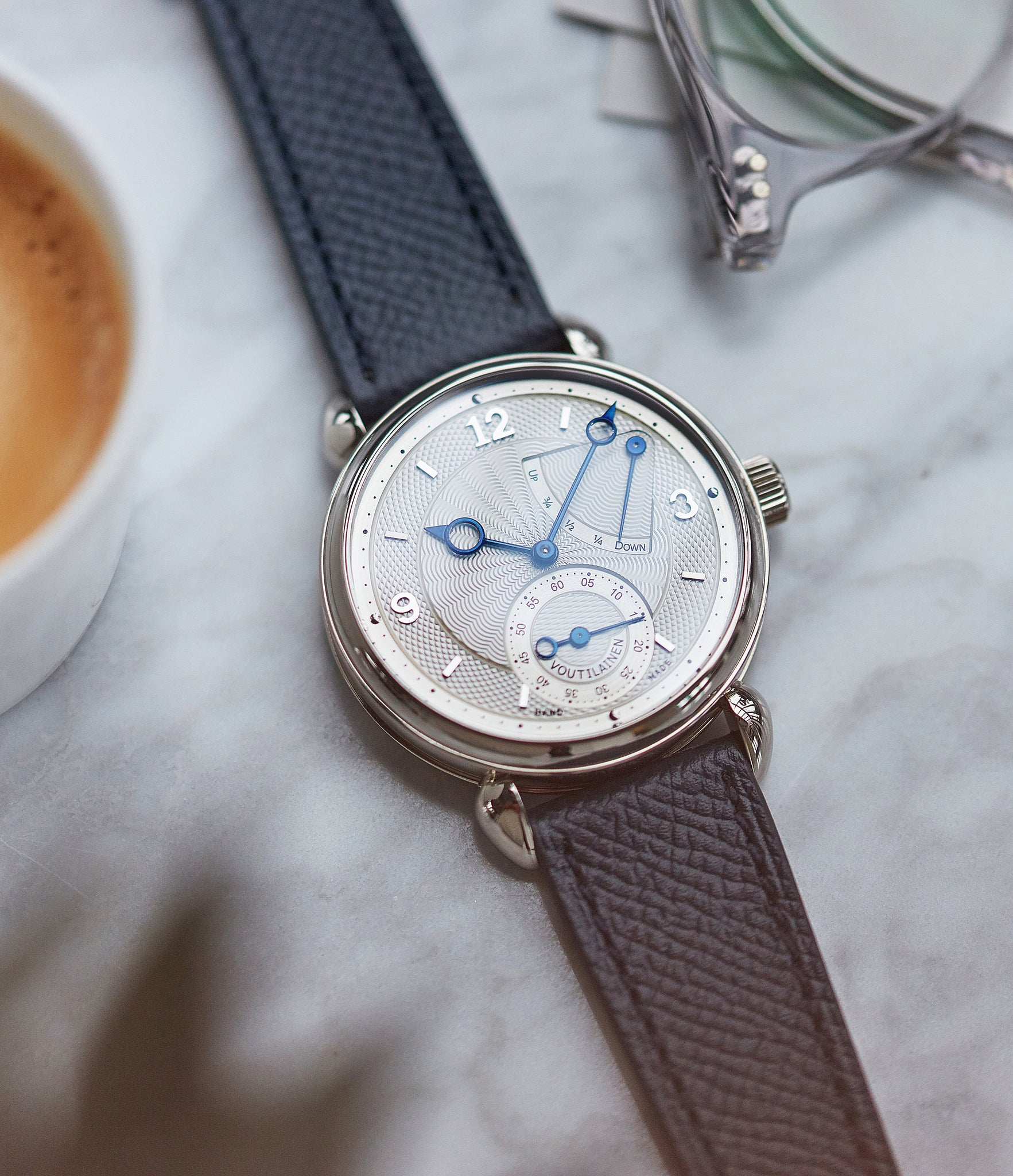 Kari Voutilainen Vingt-8R power reserve white gold watch silver dial for sale online at A Collected Man London UK specialist of independent watchmakers
