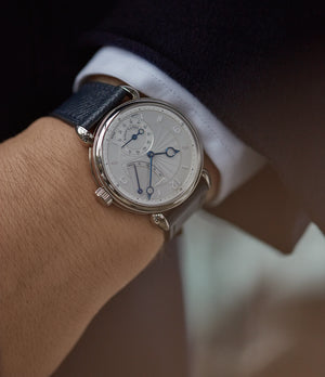 hands on with Kari Voutilainen Vingt-8R power reserve white gold watch silver dial for sale online at A Collected Man London UK specialist of independent watchmakers
