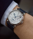 on the wrist Voutilainen Vingt-8R power reserve white gold watch silver dial for sale online at A Collected Man London UK specialist of independent watchmakers