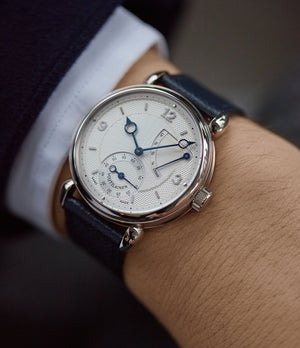 on the wrist Voutilainen Vingt-8R power reserve white gold watch silver dial for sale online at A Collected Man London UK specialist of independent watchmakers