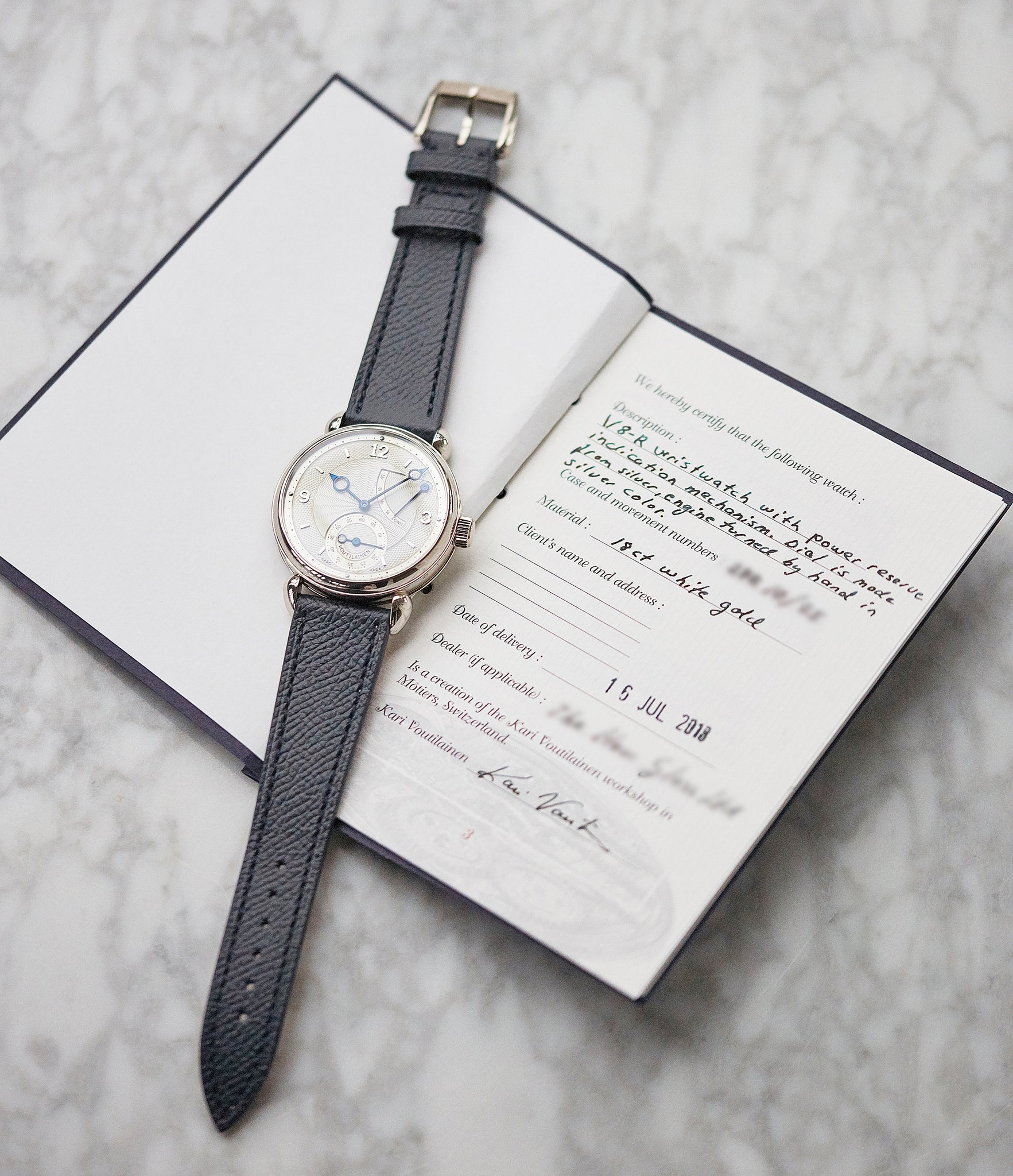full set pre-owned Voutilainen Vingt-8R power reserve white gold watch silver dial for sale online at A Collected Man London UK specialist of independent watchmakers