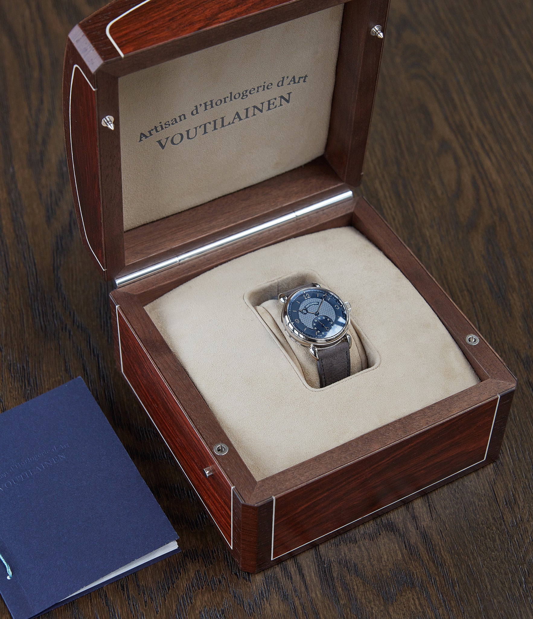rare Voutilainen Vingt-8 Cal. 28 blue dial white gold dress watch at A Collected Man London approved re-seller of independent watchmakers
