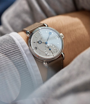 men's luxury wristwatch Kari Voutilainen Vingt-8 platinum silver dial Cal. 28 time-only dress watch for sale online at A Collected Man London UK specialist independent watchmakers