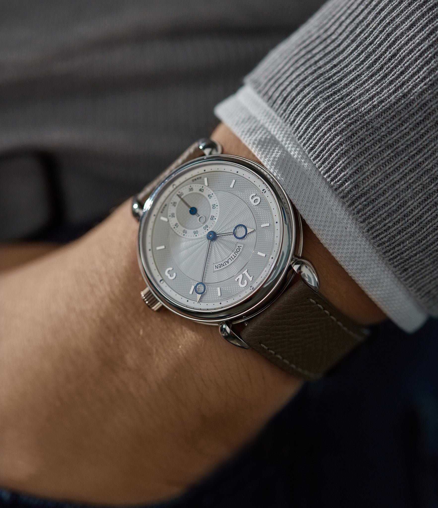 Finnish independent watchmaker Kari Voutilainen Vingt-8 platinum silver dial Cal. 28 time-only dress watch for sale online at A Collected Man London UK specialist independent watchmakers
