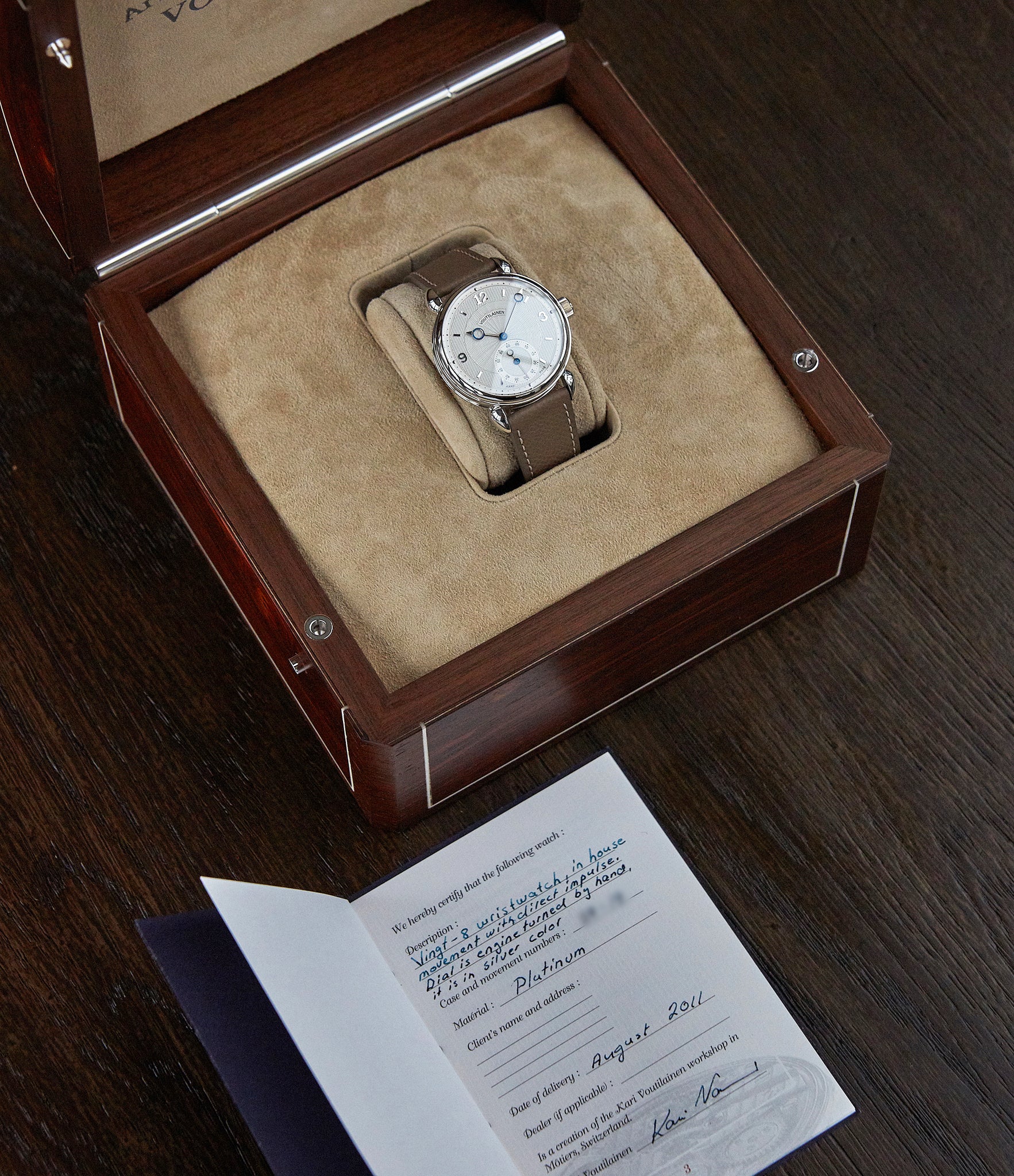 full set pre-owned Kari Voutilainen Vingt-8 platinum silver dial Cal. 28 time-only dress watch for sale online at A Collected Man London UK specialist independent watchmakers