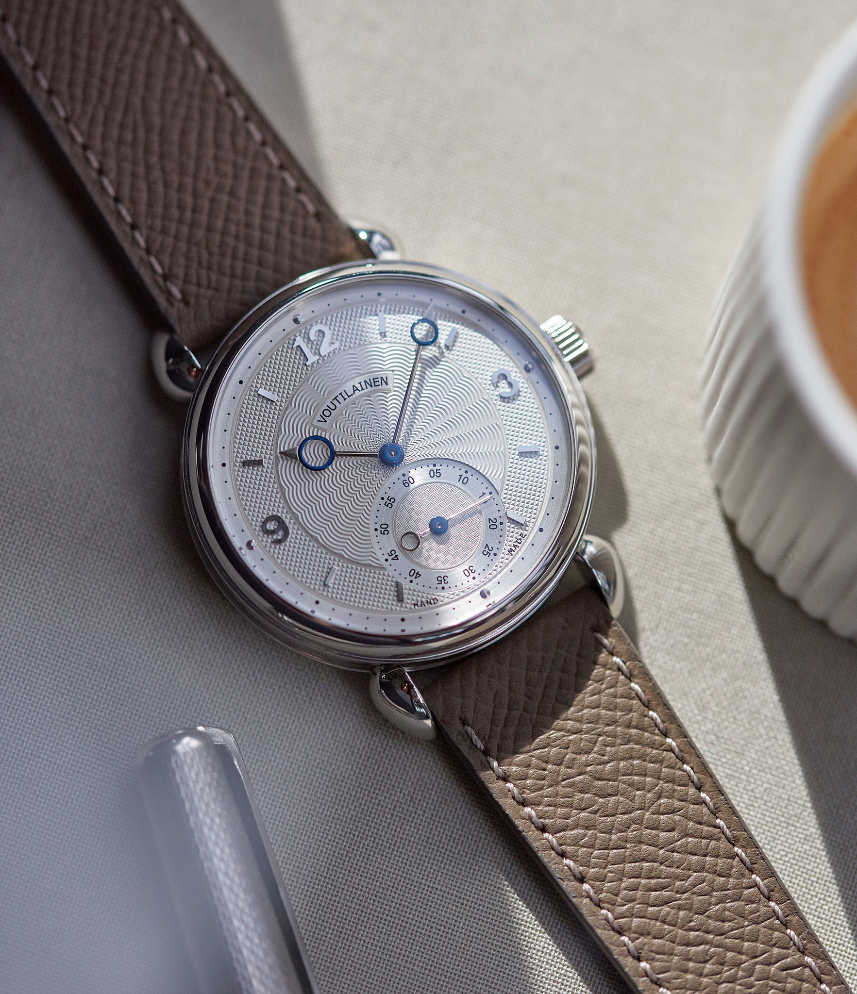 independent watchmaker Kari Voutilainen Vingt-8 platinum silver dial Cal. 28 time-only dress watch for sale online at A Collected Man London UK specialist rare watches