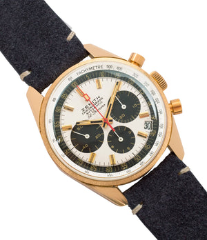 buy Zenith El Primero G381 rare yellow gold vintage chronograph date watch for sale online at A Collected Man London vintage watch specialist