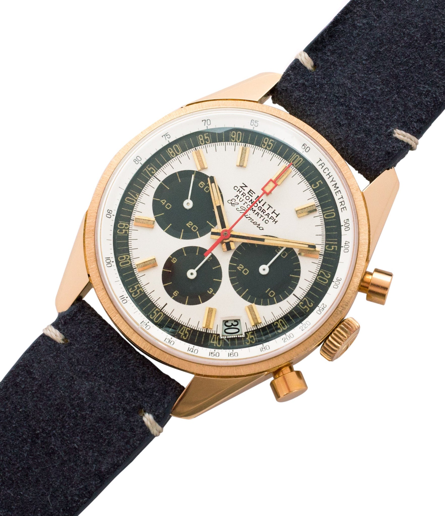 buy yellow gold Zenith El Primero G381 rare vintage chronograph date watch for sale online at A Collected Man London vintage watch specialist