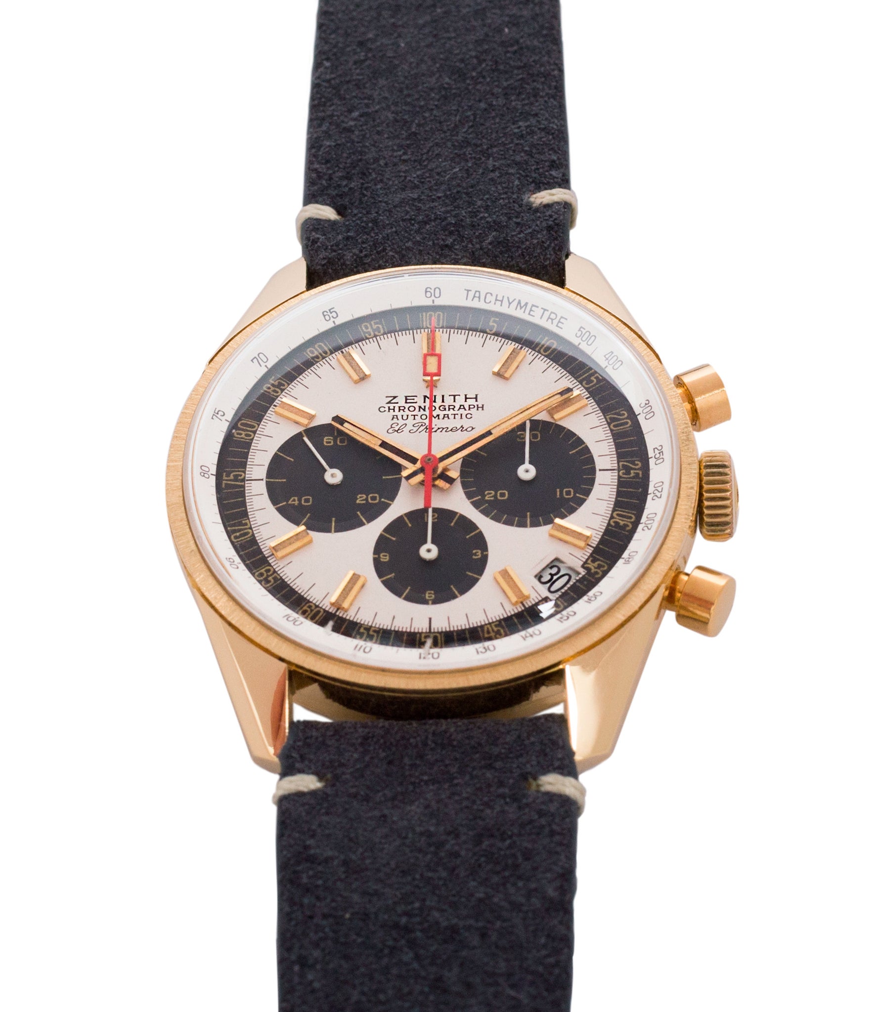 silver dial black subs Zenith El Primero G381 rare yellow gold vintage chronograph date watch for sale online at A Collected Man London vintage watch specialist