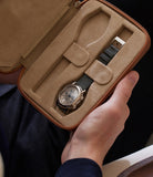 Zurich, four-watch folio Four-watch slim folio in whisky-tan Saffiano leather | Available World Wide | A Collected Man