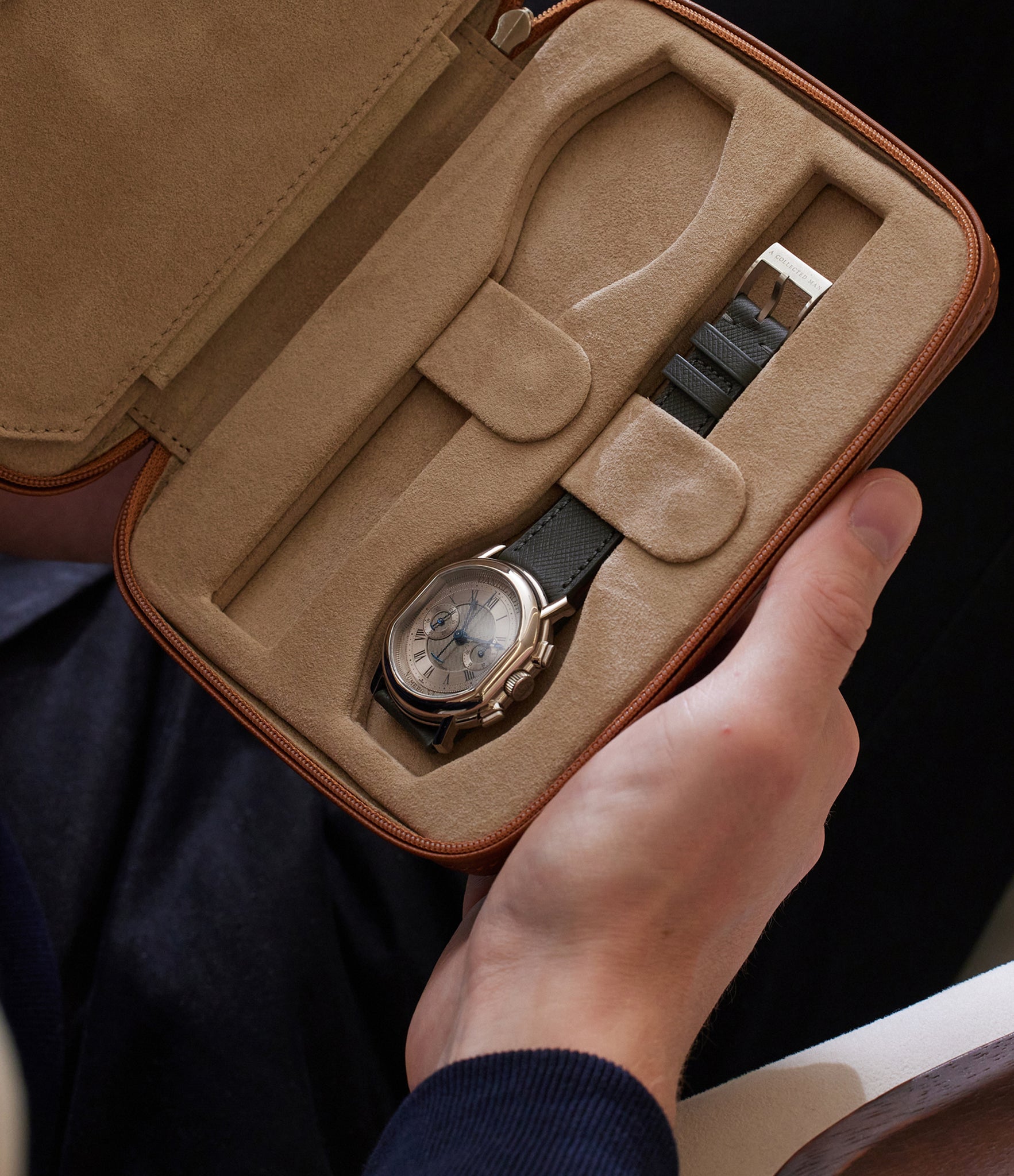 Zurich, four-watch folio Four-watch slim folio in whisky-tan Saffiano leather | Available World Wide | A Collected Man