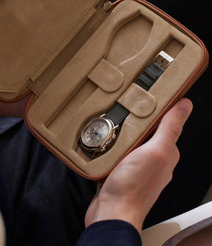 Zurich, four-watch folio Four-watch slim folio in whisky-tan Saffiano leather | Available World Wide | A Collected Man