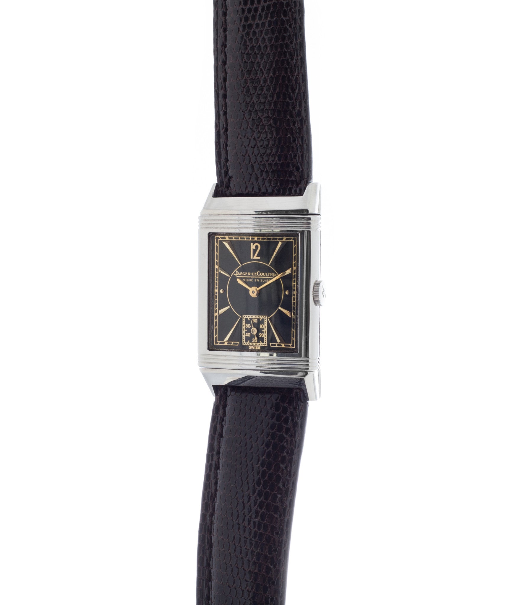 buy vintage Jaeger-LeCoultre Reverso stainless steel black unrestored dial with gold rare watch with authenticity guaranteed for sale online WATCH XCHANGE London