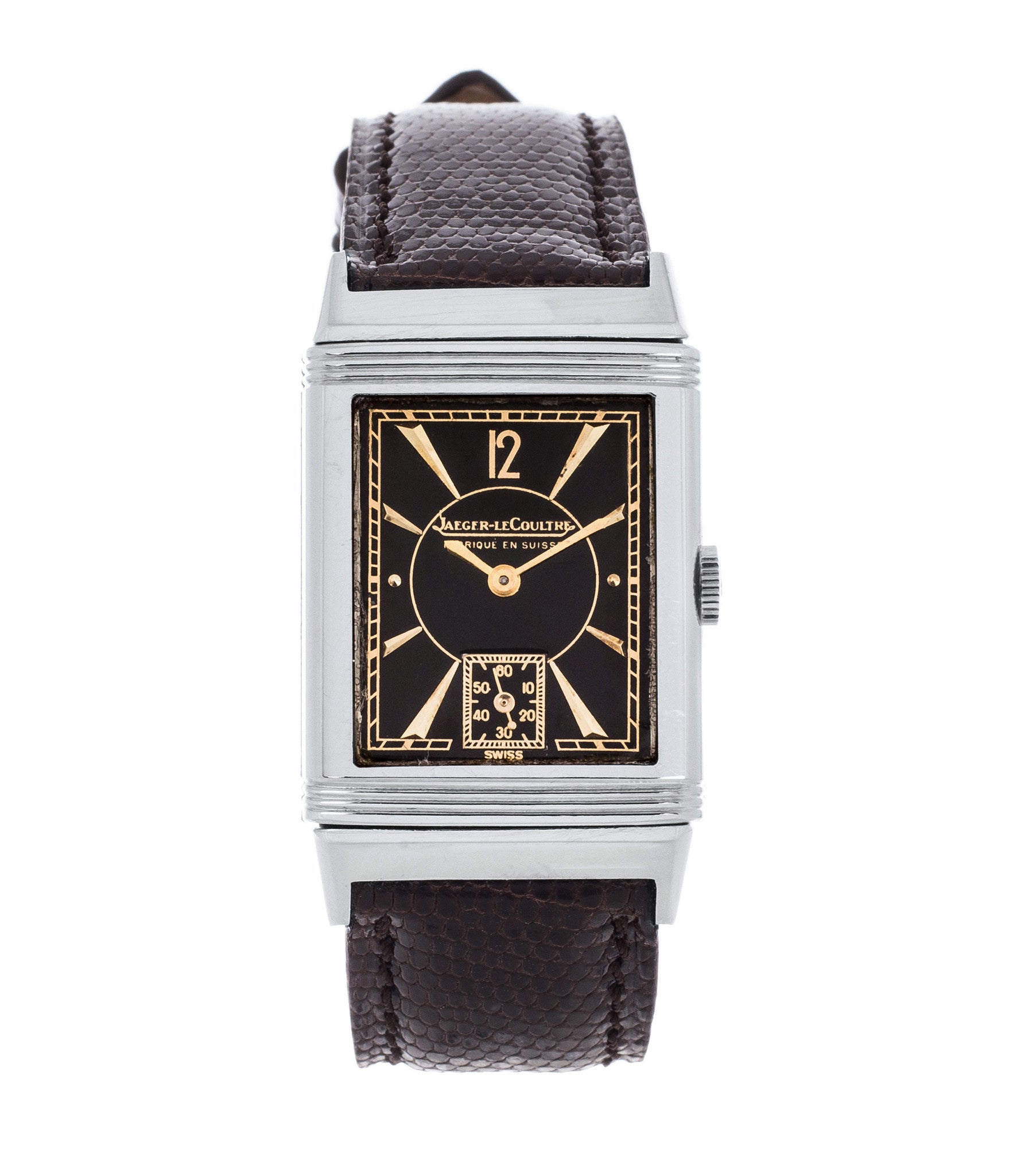 buy vintage Jaeger-LeCoultre Reverso stainless steel black unrestored dial with gold rare watch with authenticity guaranteed for sale online WATCH XCHANGE London