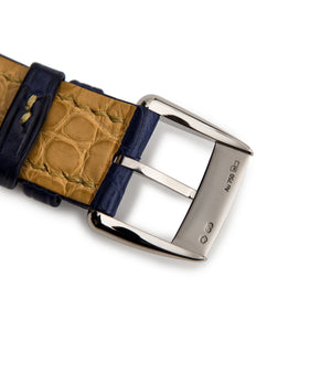 buy Kari Voutilainen unique piece watch Kaen with authetic white gold tang buckle on blue alligator strap with yellow stitchings