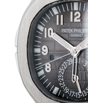 buy Patek Philippe Aquanaut Travel-time 5164A-001 steel pre-owned traveller automatic watch black dial dual time zone with box and papers for sale at WATCH XCHANGE London authenticity guaranteed