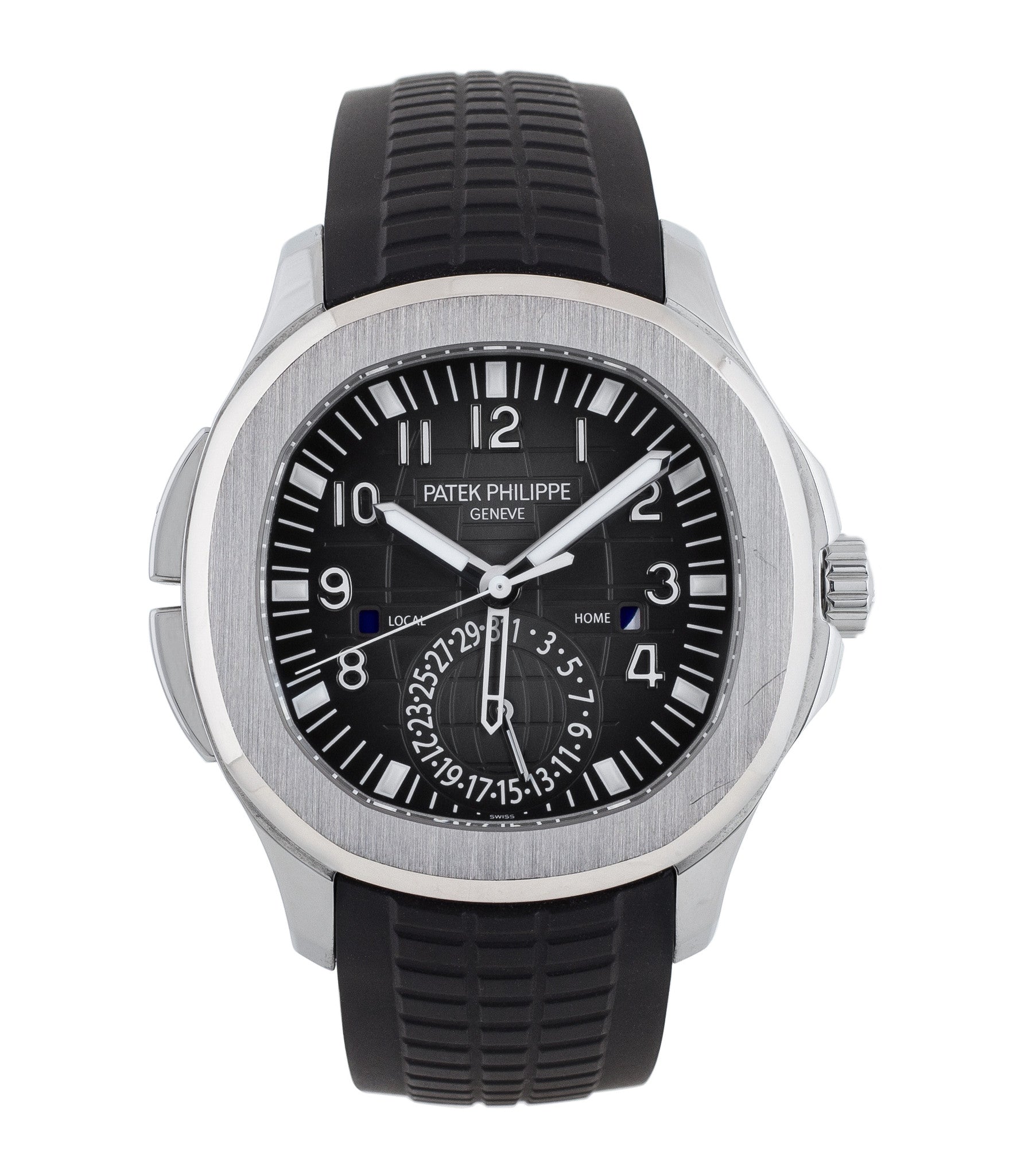 buy Patek Philippe Aquanaut Travel-time 5164A-001 steel pre-owned traveller automatic watch black dial dual time zone with box and papers for sale at WATCH XCHANGE London authenticity guaranteed