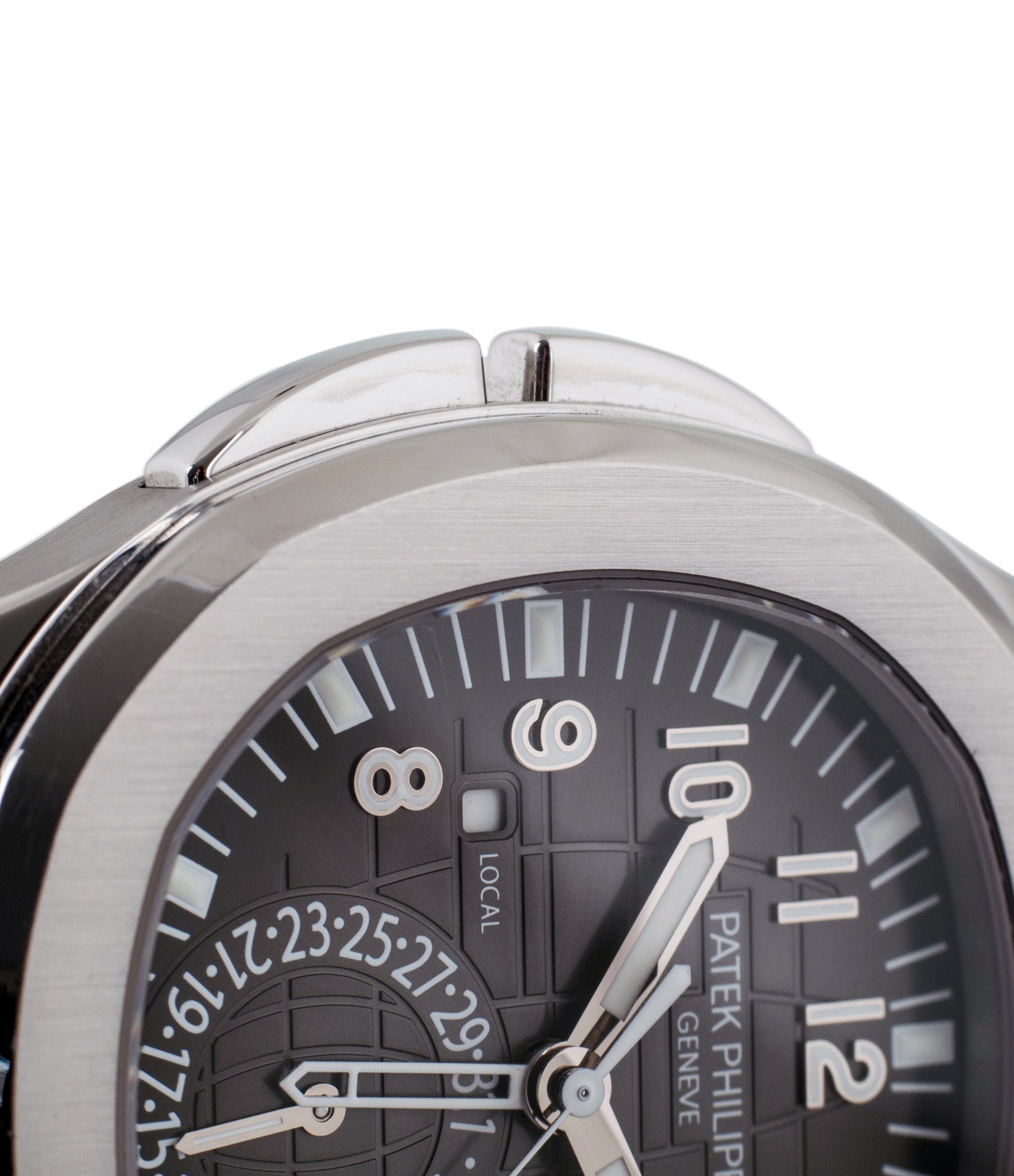buy Patek Philippe Aquanaut Travel-time 5164A-001 steel pre-owned traveller automatic watch black dial dual time zone with box and papers for sale at WATCH XCHANGE London authenticity guaranteed