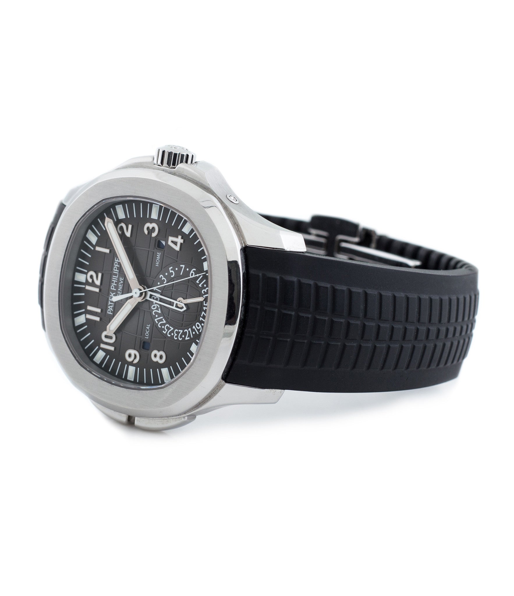 buy Patek Philippe Aquanaut Travel-time 5164A-001 steel pre-owned traveller automatic watch black dial dual time zone with box and papers for sale at WATCH XCHANGE London authenticity guaranteed