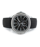 buy Patek Philippe Aquanaut Travel-time 5164A-001 steel pre-owned traveller automatic watch black dial dual time zone with box and papers for sale at WATCH XCHANGE London authenticity guaranteed