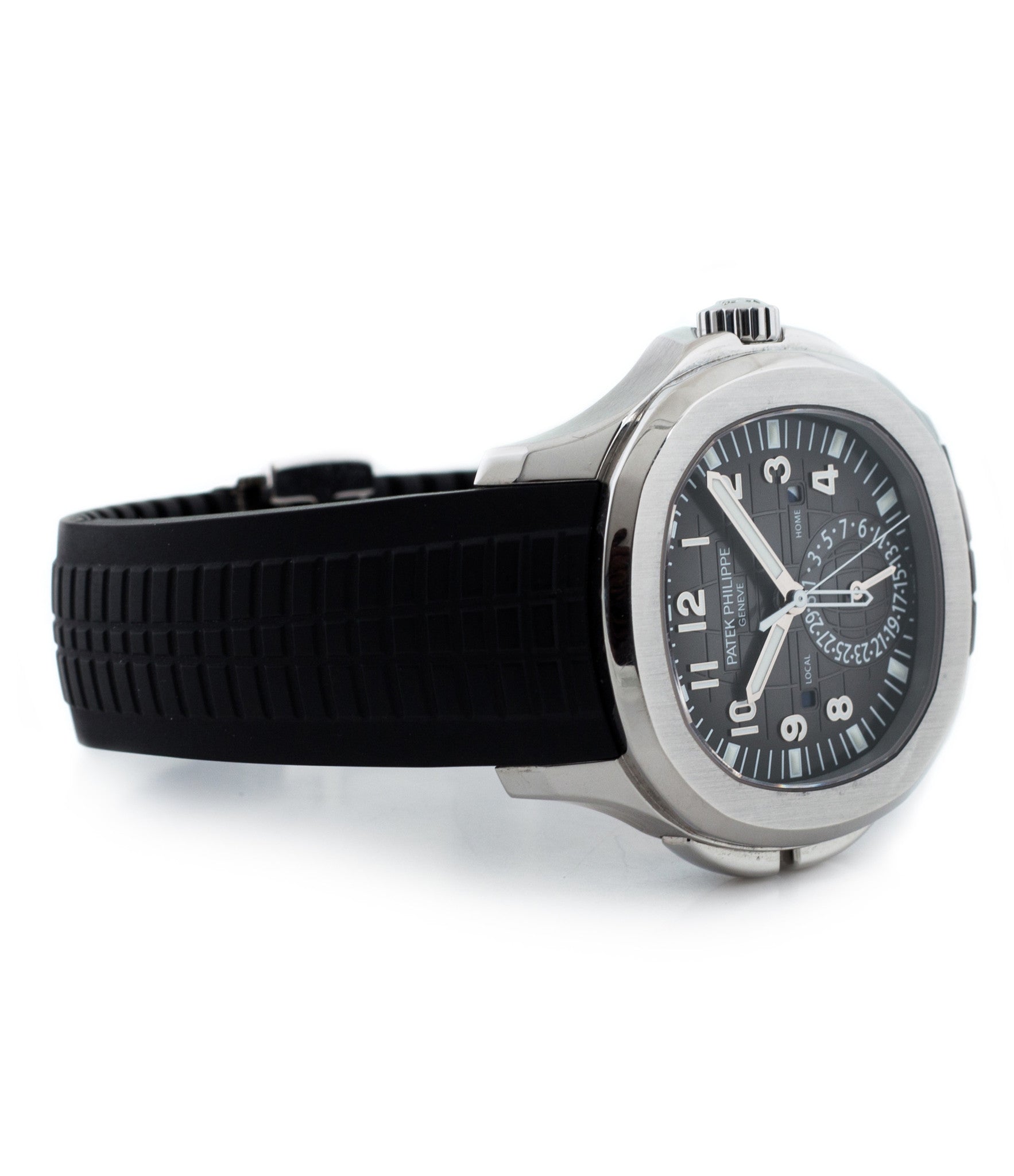 buy Patek Philippe Aquanaut Travel-time 5164A-001 steel pre-owned traveller automatic watch black dial dual time zone with box and papers for sale at WATCH XCHANGE London authenticity guaranteed