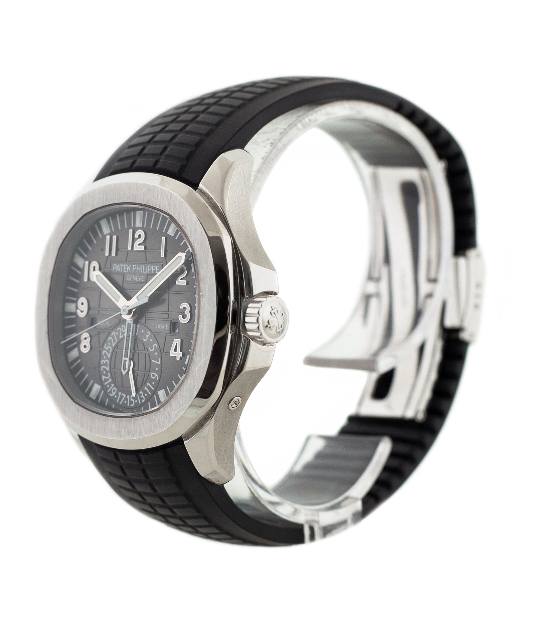 buy Patek Philippe Aquanaut Travel-time 5164A-001 steel pre-owned traveller automatic watch black dial dual time zone with box and papers for sale at WATCH XCHANGE London authenticity guaranteed