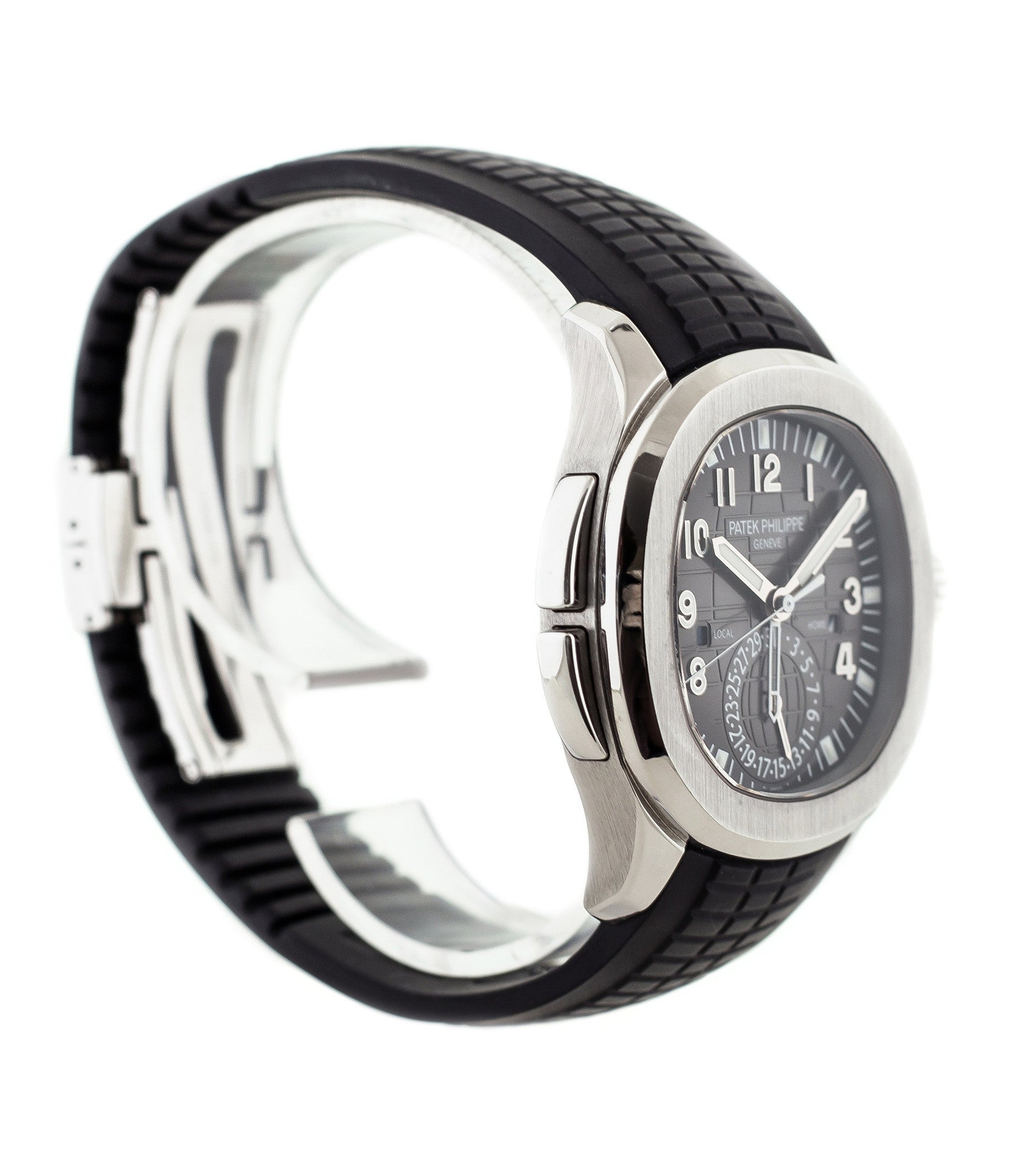 buy Patek Philippe Aquanaut Travel-time 5164A-001 steel pre-owned traveller automatic watch black dial dual time zone with box and papers for sale at WATCH XCHANGE London authenticity guaranteed
