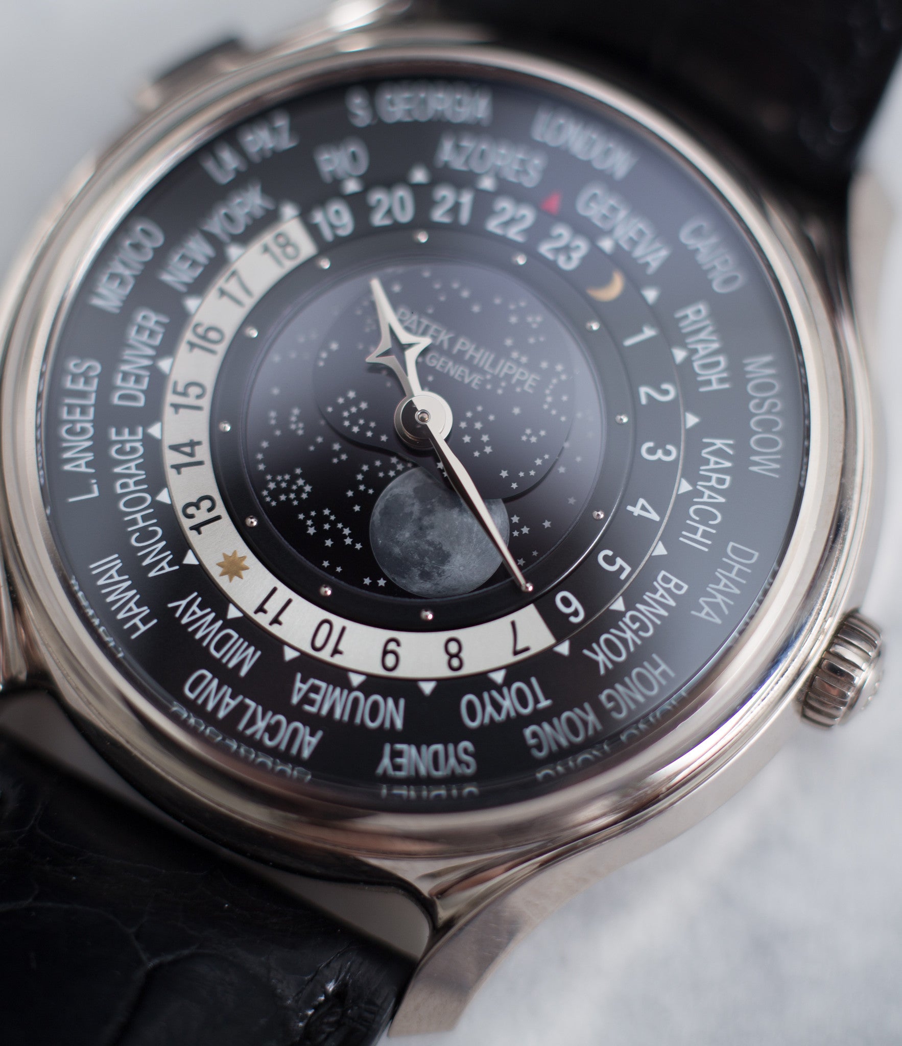 buy Patek Philippe Worldtime Moonphase 5575G rare 175th Anniversary white gold watch online with box, papers and manufacturer's warranty for sale online WATCH XCHANGE London