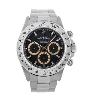buy Rolex Cosmograph Daytona with Patrizzi dial 16520 stainless steel automatic Cal. 4030 authentic pre-owned luxury watch from 1995 with black dial and stainless steel Rolex bracelet with chronograph, chronometer, hours, minutes, sub-seconds