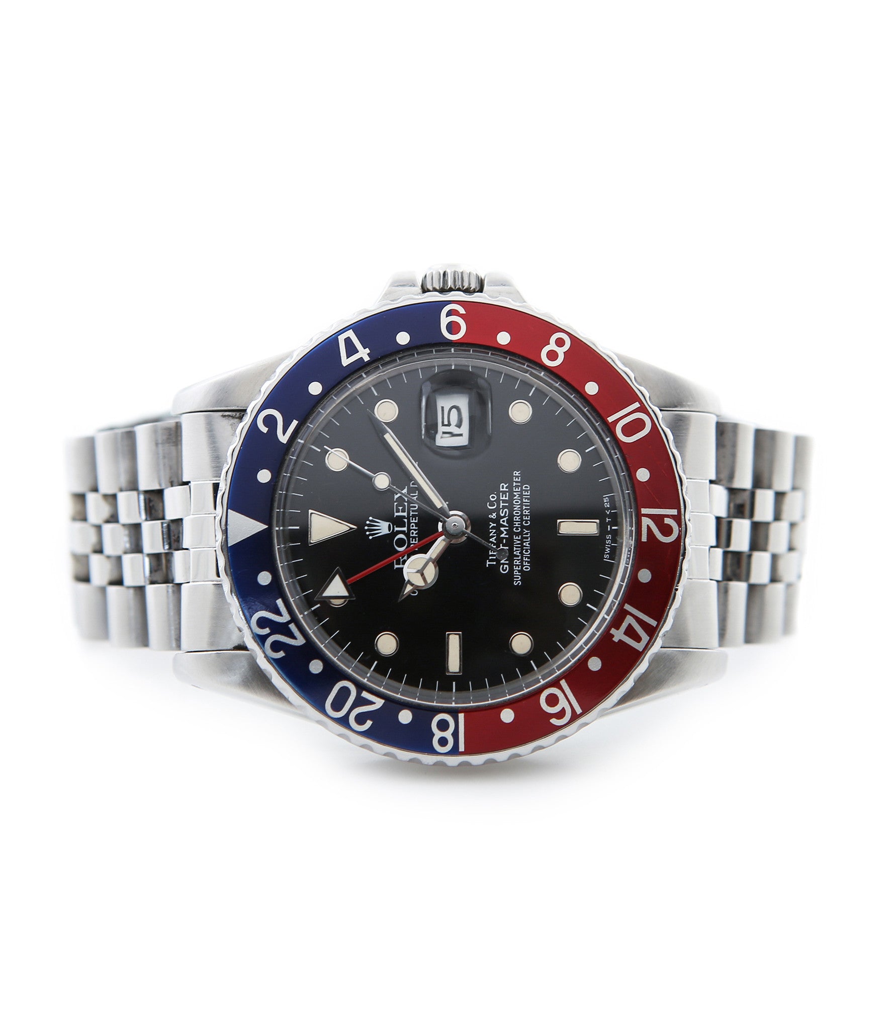 buy Rolex GMT Master with Tiffany dial 16750 stainless steel automatic Cal. 3075 vintage authentic pre-owned dress, sport luxury watch from 1984 with black dial and stainless steel Rolex bracelet with date, chronometer, gmt, hours, minutes, center seconds