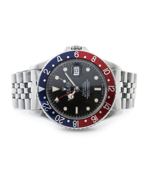 buy Rolex GMT Master with Tiffany dial 16750 stainless steel automatic Cal. 3075 vintage authentic pre-owned dress, sport luxury watch from 1984 with black dial and stainless steel Rolex bracelet with date, chronometer, gmt, hours, minutes, center seconds