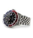 buy Rolex GMT Master with Tiffany dial 16750 stainless steel automatic Cal. 3075 vintage authentic pre-owned dress, sport luxury watch from 1984 with black dial and stainless steel Rolex bracelet with date, chronometer, gmt, hours, minutes, center seconds