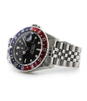 buy Rolex GMT Master with Tiffany dial 16750 stainless steel automatic Cal. 3075 vintage authentic pre-owned dress, sport luxury watch from 1984 with black dial and stainless steel Rolex bracelet with date, chronometer, gmt, hours, minutes, center seconds