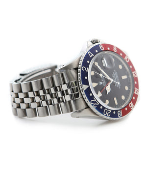buy Rolex GMT Master with Tiffany dial 16750 stainless steel automatic Cal. 3075 vintage authentic pre-owned dress, sport luxury watch from 1984 with black dial and stainless steel Rolex bracelet with date, chronometer, gmt, hours, minutes, center seconds