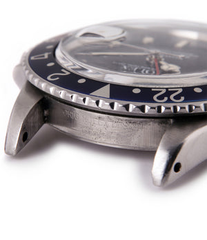 buy Rolex GMT Master with Tiffany dial 16750 stainless steel automatic Cal. 3075 vintage authentic pre-owned dress, sport luxury watch from 1984 with black dial and stainless steel Rolex bracelet with date, chronometer, gmt, hours, minutes, center seconds