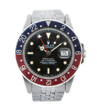 buy Rolex GMT Master with Tiffany dial 16750 stainless steel automatic Cal. 3075 vintage authentic pre-owned dress, sport luxury watch from 1984 with black dial and stainless steel Rolex bracelet with date, chronometer, gmt, hours, minutes, center seconds