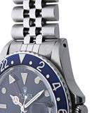 buy Rolex GMT Master with Tiffany dial 16750 stainless steel automatic Cal. 3075 vintage authentic pre-owned dress, sport luxury watch from 1984 with black dial and stainless steel Rolex bracelet with date, chronometer, gmt, hours, minutes, center seconds