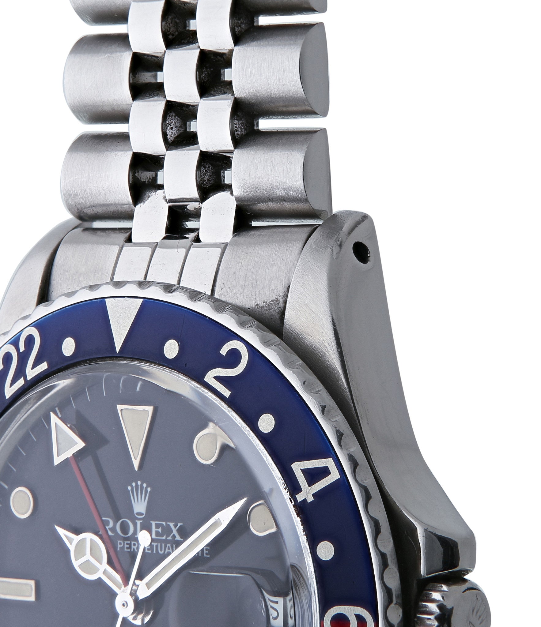 buy Rolex GMT Master with Tiffany dial 16750 stainless steel automatic Cal. 3075 vintage authentic pre-owned dress, sport luxury watch from 1984 with black dial and stainless steel Rolex bracelet with date, chronometer, gmt, hours, minutes, center seconds
