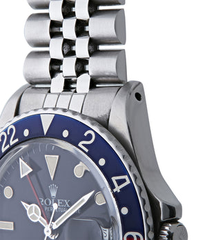 buy Rolex GMT Master with Tiffany dial 16750 stainless steel automatic Cal. 3075 vintage authentic pre-owned dress, sport luxury watch from 1984 with black dial and stainless steel Rolex bracelet with date, chronometer, gmt, hours, minutes, center seconds