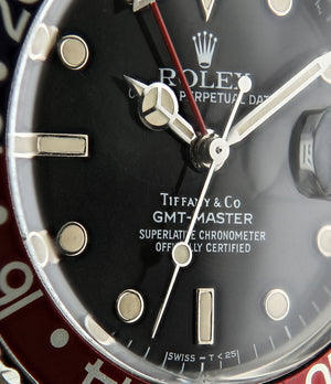 buy Rolex GMT Master with Tiffany dial 16750 stainless steel automatic Cal. 3075 vintage authentic pre-owned dress, sport luxury watch from 1984 with black dial and stainless steel Rolex bracelet with date, chronometer, gmt, hours, minutes, center seconds