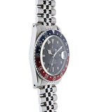 buy Rolex GMT Master with Tiffany dial 16750 stainless steel automatic Cal. 3075 vintage authentic pre-owned dress, sport luxury watch from 1984 with black dial and stainless steel Rolex bracelet with date, chronometer, gmt, hours, minutes, center seconds